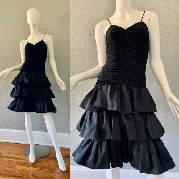 Dresses Vintage 8s Black Strappy Taffeta Ruffle Mini Prom Dress Xs